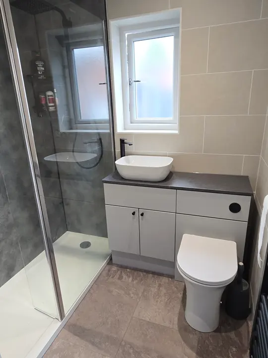 A bathroom with a walk-in shower and a grey vanity unit with a countertop basin and toilet.